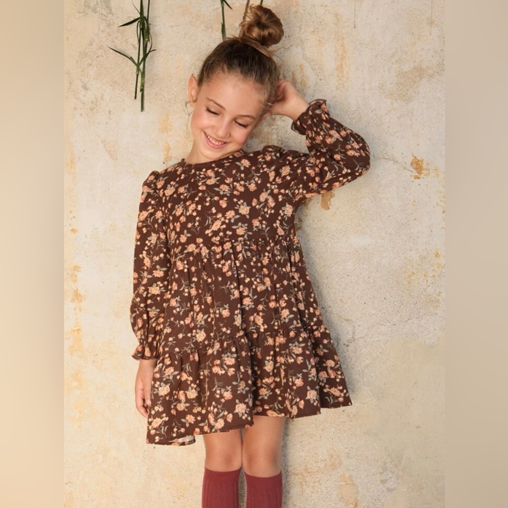 SHEIN Toddler Girls Floral Print Ruffle Hem Dress, coffee brown